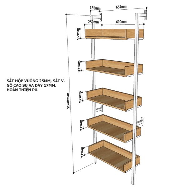 Kệ áp tường 5 tầng gỗ cao su khung sắt