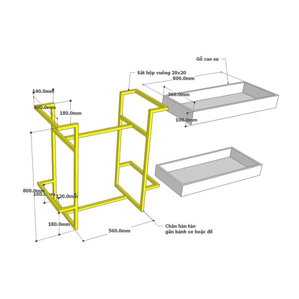 Kệ đẩy di động 2 tầng HOLA gỗ cao su khung sắt KB68037