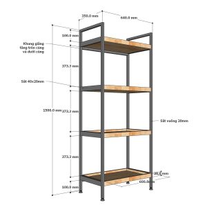 Kệ nhà bếp 4 tầng 64x35x150cm gỗ cao su khung sắt KB68045