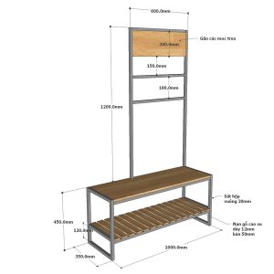 Kệ ghế thay giày kết hợp móc treo đồ gỗ khung sắt KG68060