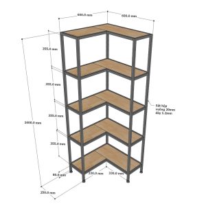 Kệ góc tường khung sắt 60x60x160cm gỗ cao su KGT68025