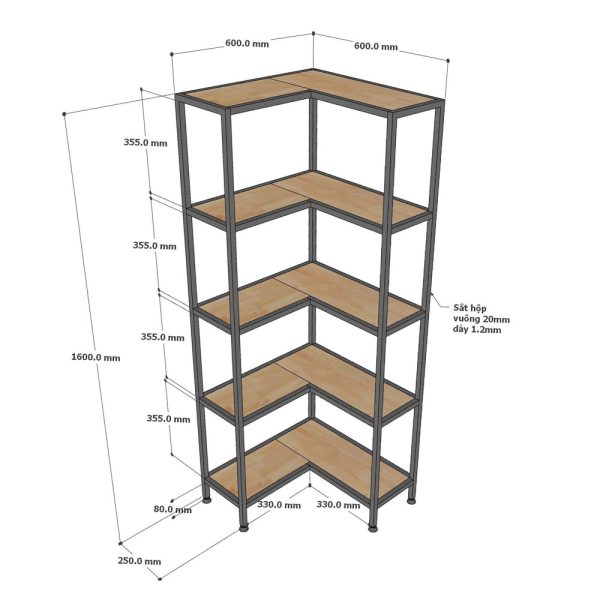 Kệ góc tường khung sắt 60x60x160cm gỗ cao su KGT68025