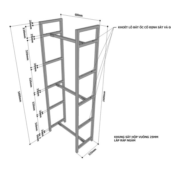 Kệ trang trí GONY 5 tầng gỗ plywood khung sắt lắp ráp KS68257