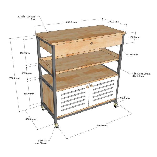 Kệ bếp di động có ngăn tủ 75x36x78cm gỗ cao su KB68044