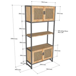 Kệ trang trí 74x30x160cm khung sắt gỗ cao su KTB68151