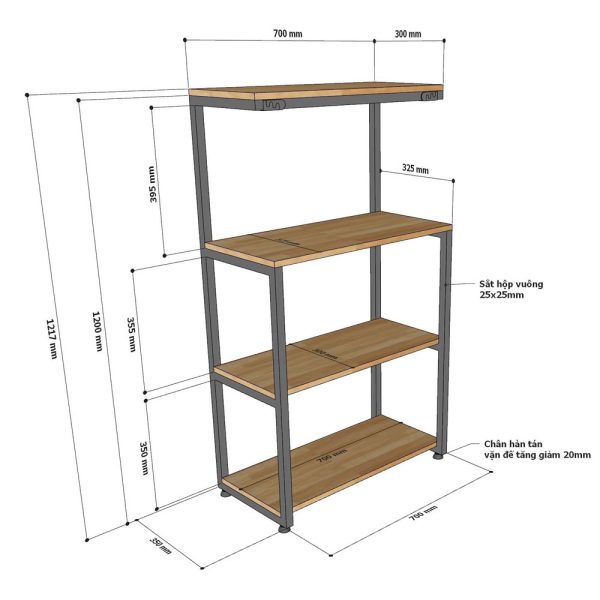 Kệ nhà bếp lắp ráp 70x30x70cm khung sắt gỗ cao su KB68043