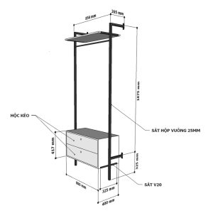 Giá kệ treo quần áo có hộc tủ gỗ cao su khung sắt KQA68053