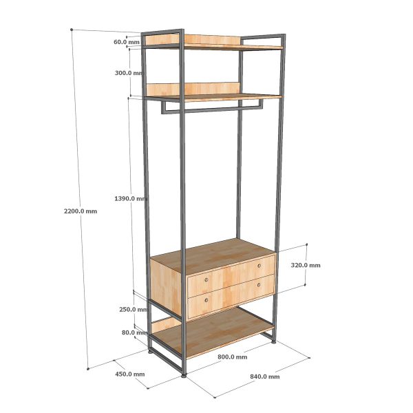 Kệ treo quần áo có ngăn kéo 84x45x22cm gỗ cao su KQA68060