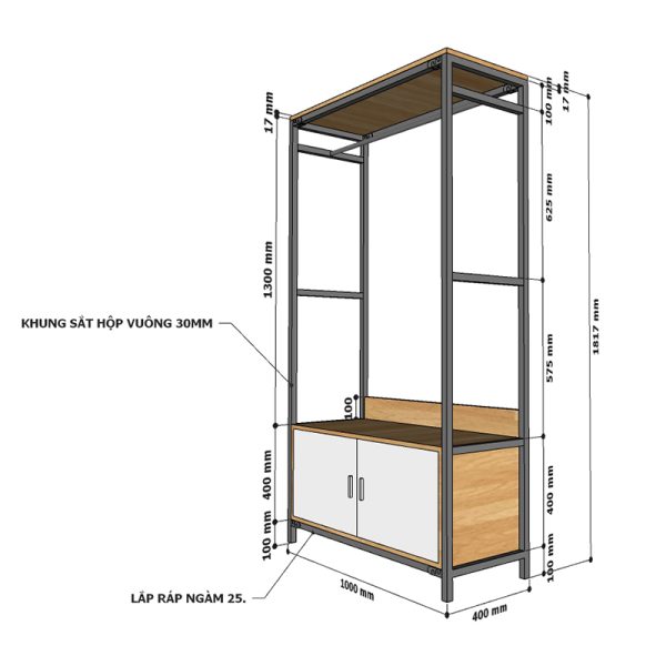 Kệ quần áo 100x40cm có hộc tủ gỗ cao su khung sắt KQA68048