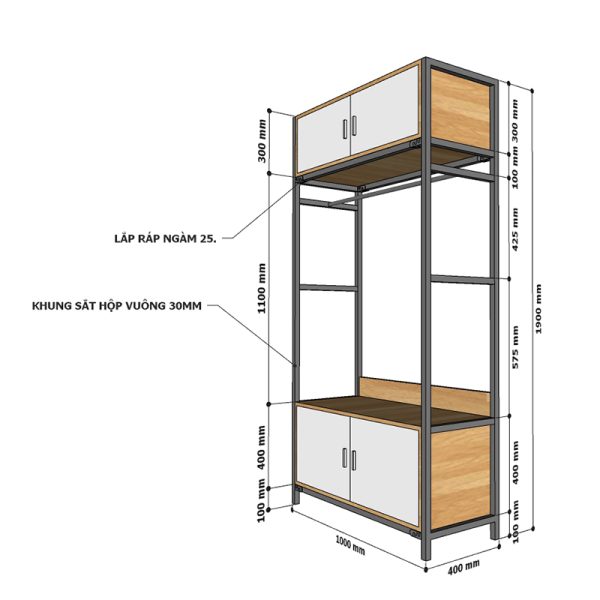 Kệ quần áo 100x40cm 2 hộc tủ gỗ cao su khung sắt KQA68039