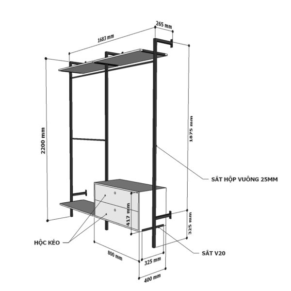 Kệ treo quần áo có hộc tủ gỗ cao su khung sắt KQA68051