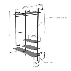 Giá kệ treo quần áo gỗ cao su khung sắt KQA68052