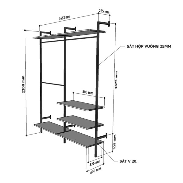 Giá kệ treo quần áo gỗ cao su khung sắt KQA68052