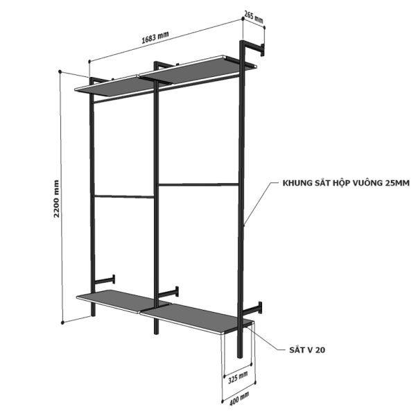 Giá kệ treo quần áo gỗ cao su khung sắt KQA68054