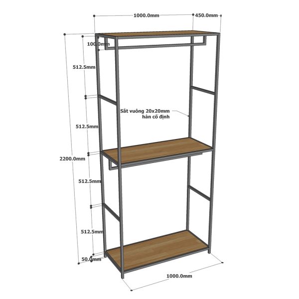 Kệ treo quần áo gỗ kết hợp khung sắt KQA68056