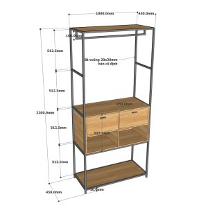 Kệ quần áo có hộc tủ gỗ cao su khung sắt KQA68057