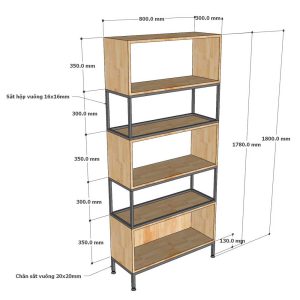 Kệ sách đứng 5 tầng gỗ cao su kết hợp khung sắt KS68204