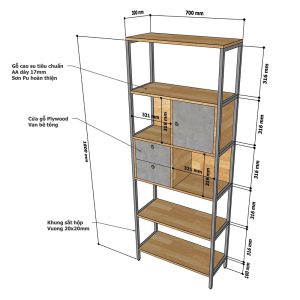 Kệ sách kệ trang trí có ngăn kéo gỗ cao su khung sắt KS68170