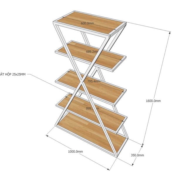 Kệ khung sắt chữ X 5 tầng gỗ cao su