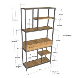 Kệ sách trang trí có hộc tủ khung sắt gỗ cao su KS68128