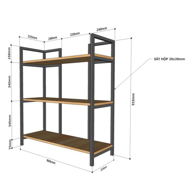 Kệ sách trang trí DRACO 3 tầng gỗ cao su khung sắt KS68063