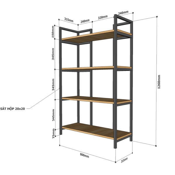 Kệ sách trang trí DRACO 4 tầng gỗ cao su khung sắt KS68064