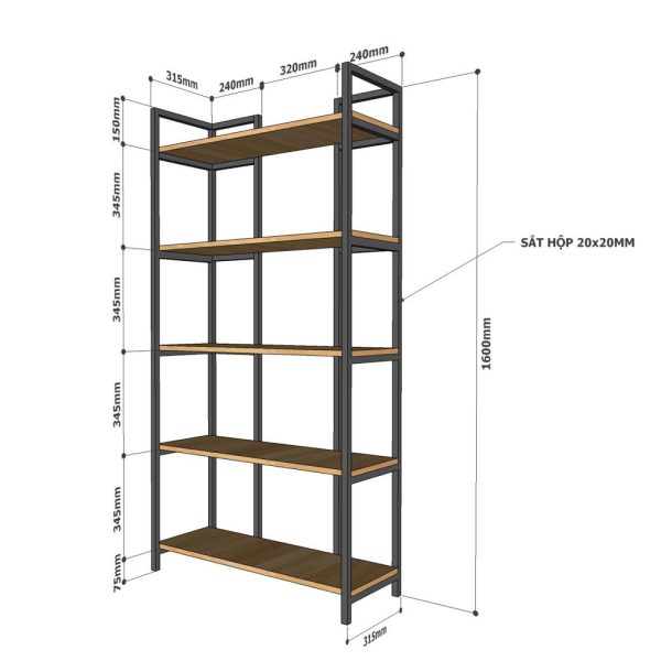 Kệ sách trang trí  DRACO 5 tầng gỗ cao su khung sắt KS68065