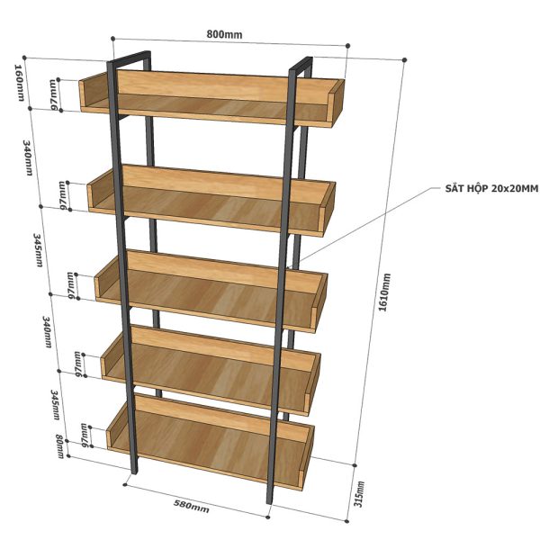 KS68071 - Kệ trang trí VERNON 5 tầng gỗ kết hợp khung sắt