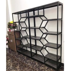 Kệ sách trang trí BEE-SHELF khung sắt gỗ cao su KTB68049