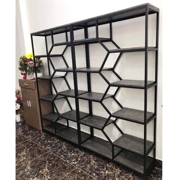 Kệ sách trang trí BEE-SHELF khung sắt gỗ cao su KTB68049