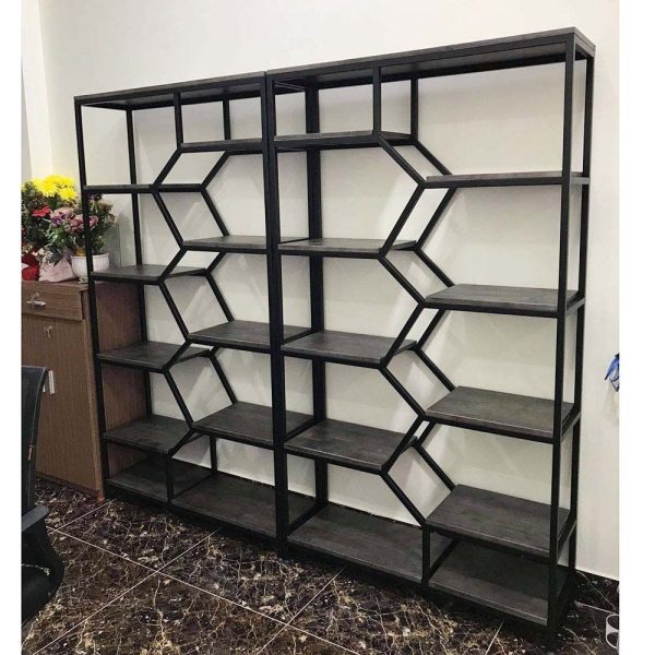 Kệ sách trang trí BEE-SHELF khung sắt gỗ cao su KTB68049