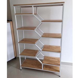 Kệ sách trang trí BEE-SHELF khung sắt gỗ cao su KTB68049
