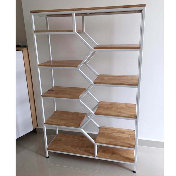Kệ sách trang trí BEE-SHELF khung sắt gỗ cao su KTB68049