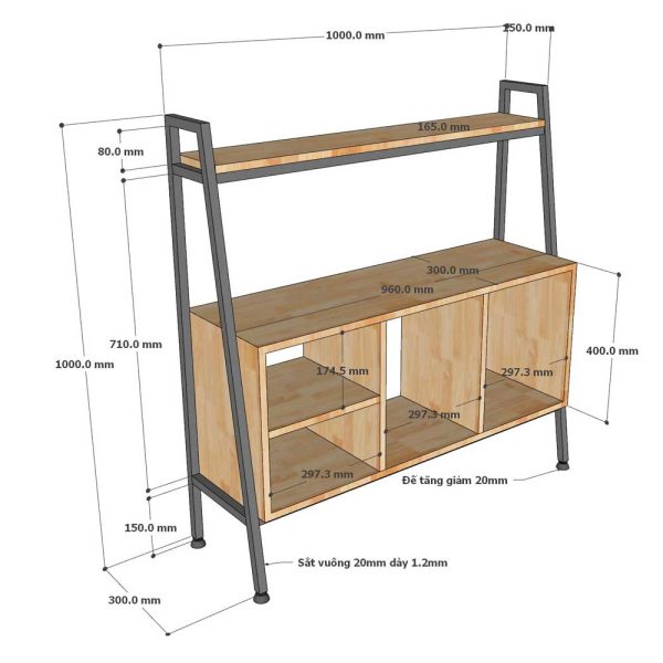 Kệ trang trí gỗ khung sắt hình thang TK087