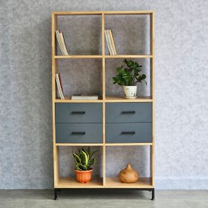 Kệ sách có hộc tủ 80x30x150cm gỗ cao su chân sắt KS68160