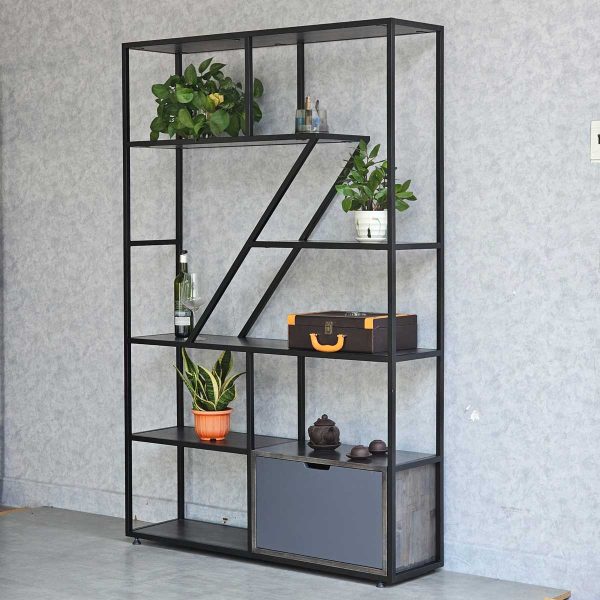 Hệ kệ trang trí khung sắt 240x35x180cm gỗ cao su KTB68166