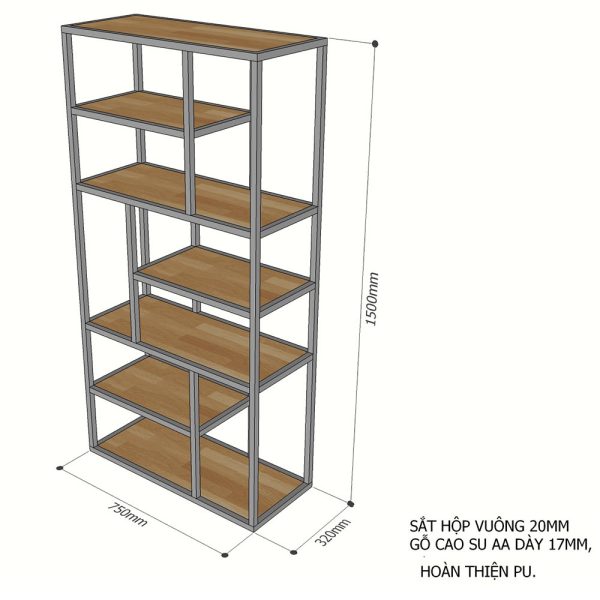 Kệ trang trí gỗ cao su khung sắt 75x32x150(cm)