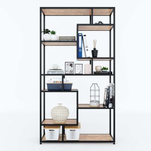 Hệ kệ trưng bày gỗ cao su khung sắt 200x30x180cm KTB68079