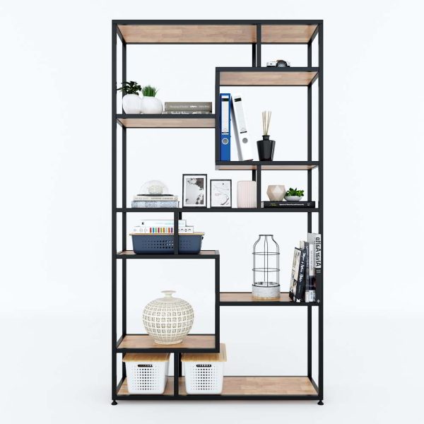 Hệ kệ trưng bày gỗ cao su khung sắt 200x30x180cm KTB68079