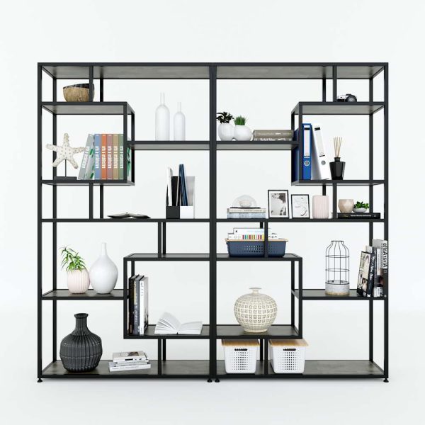 Hệ kệ trưng bày gỗ cao su khung sắt 200x30x180cm KTB68079