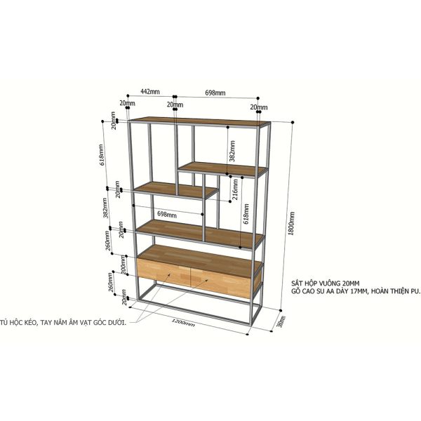 Kệ trang trí gỗ cao su khung sắt có tủ dưới 120x35x180(cm) KTB68074