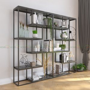 Kệ sách trang trí L-SHELF khung sắt gỗ cao su KTB68034