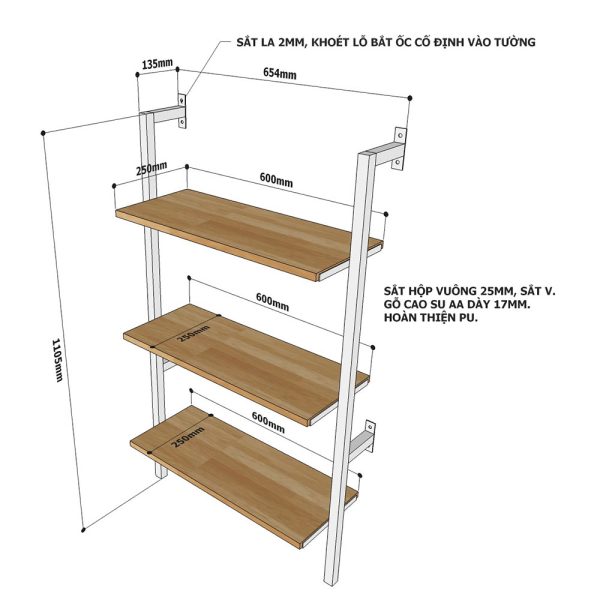 Kệ sắt treo tường 3 tầng 65x25x110(cm) KTT68015