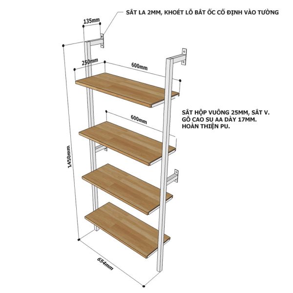 Kệ sắt áp tường 4 tầng 65x25x145cm gỗ cao su khung sắt KTT68016