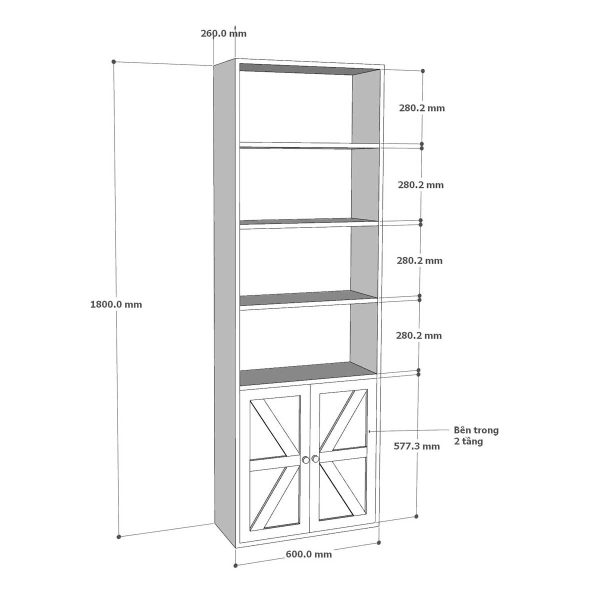 Kệ sách có ngăn tủ 60x26x180cm gỗ cao su KS68242