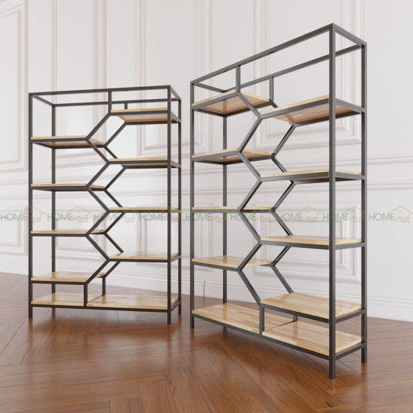 Kệ sách trang trí BEE-SHELF khung sắt gỗ cao su KTB68049