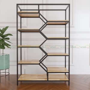 Kệ sách trang trí BEE-SHELF khung sắt gỗ cao su KTB68049