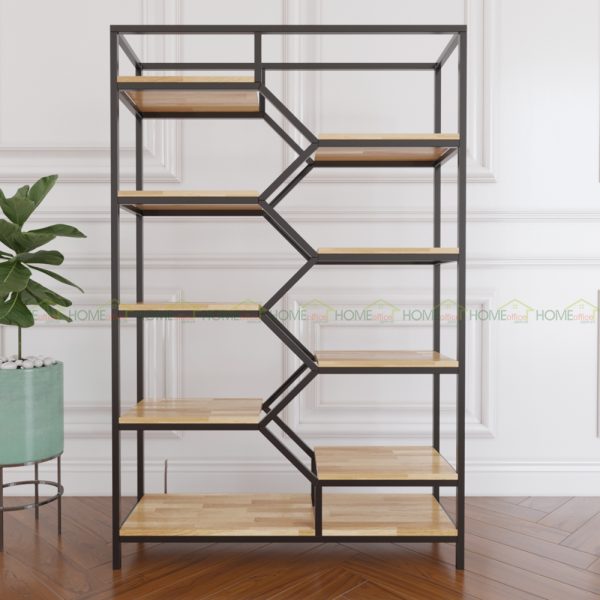 Kệ sách trang trí BEE-SHELF khung sắt gỗ cao su KTB68049
