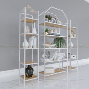 Kệ sách trang trí HOME-SHELF khung sắt gỗ cao su KTB68051