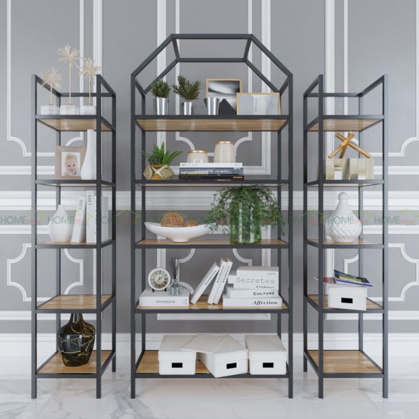 Kệ sách trang trí HOME-SHELF khung sắt gỗ cao su KTB68051